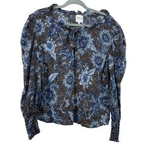 MISA Los Angeles Size S Siena Blouse Long Puff Sleeve Boho Top Black Blue Floral